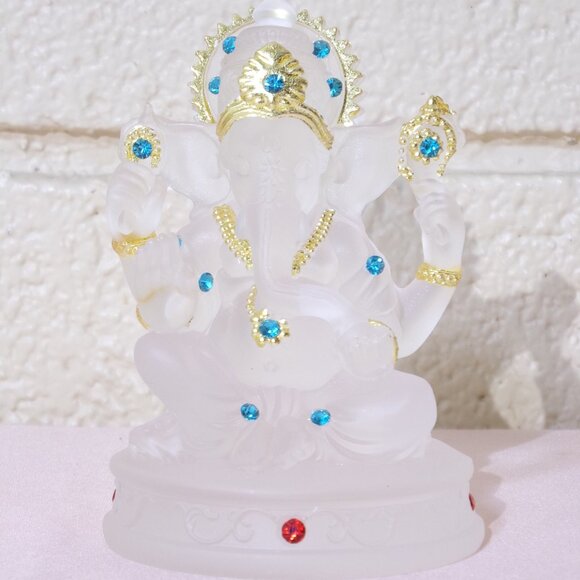 GANESH CLEAR GLAZE CRYSTAL STATUE-Bejeweled Resin Stone-4.5 in Figurine-Success - Picture 2 of 16